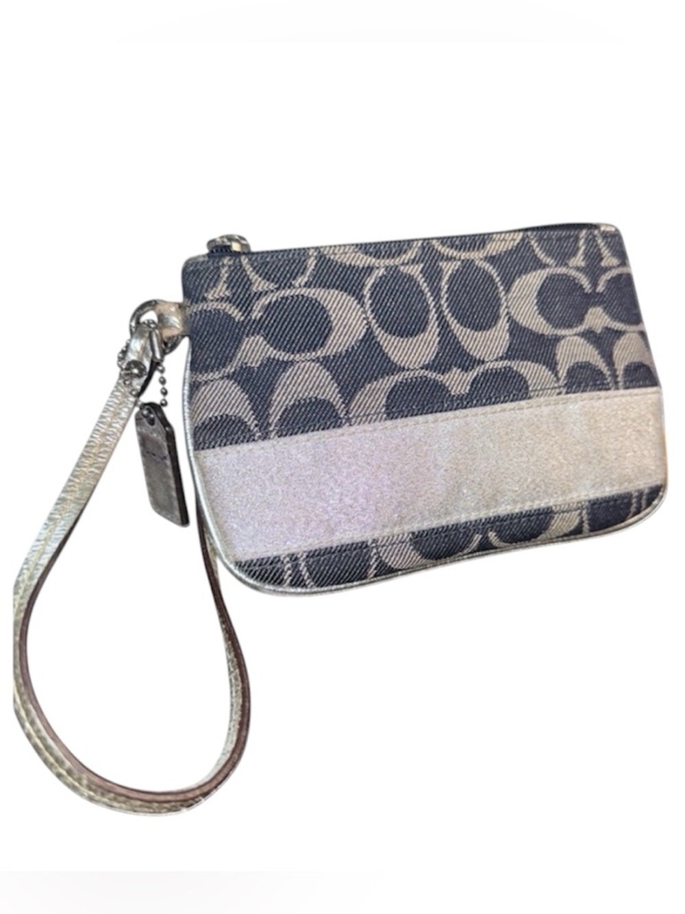 Coach Denim & Metallic Silver Signature C Wristlet